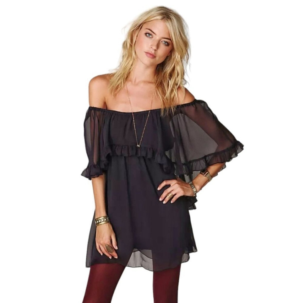 Free People Solid Sheer Babydoll Ruffle Woven Dress sz S in Black